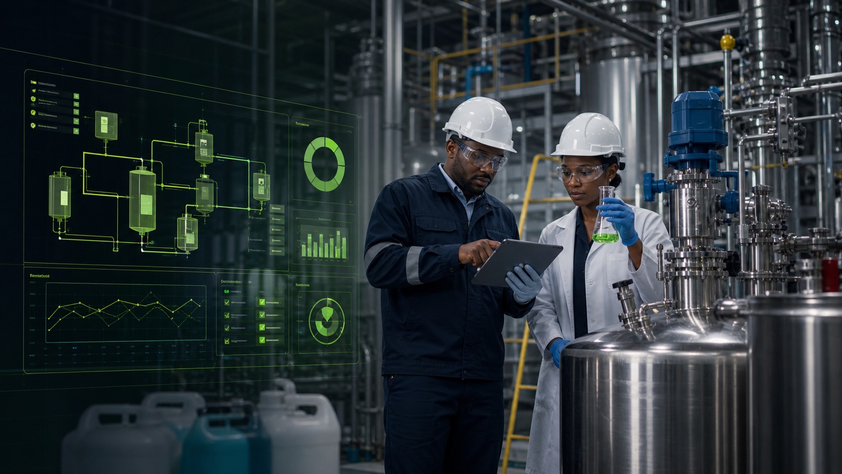 Chemical process team managing batch and quality data