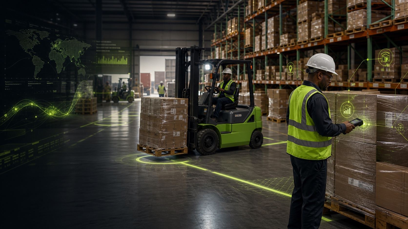 Distribution warehouse team using inventory systems