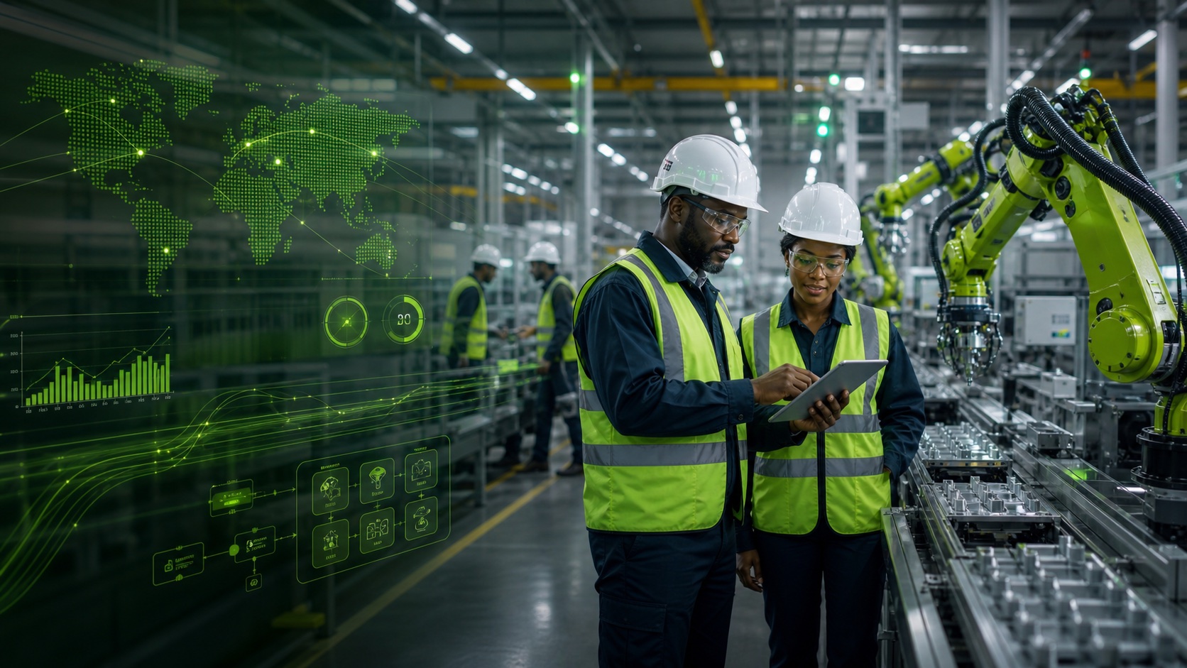 Manufacturing supervisors reviewing production data