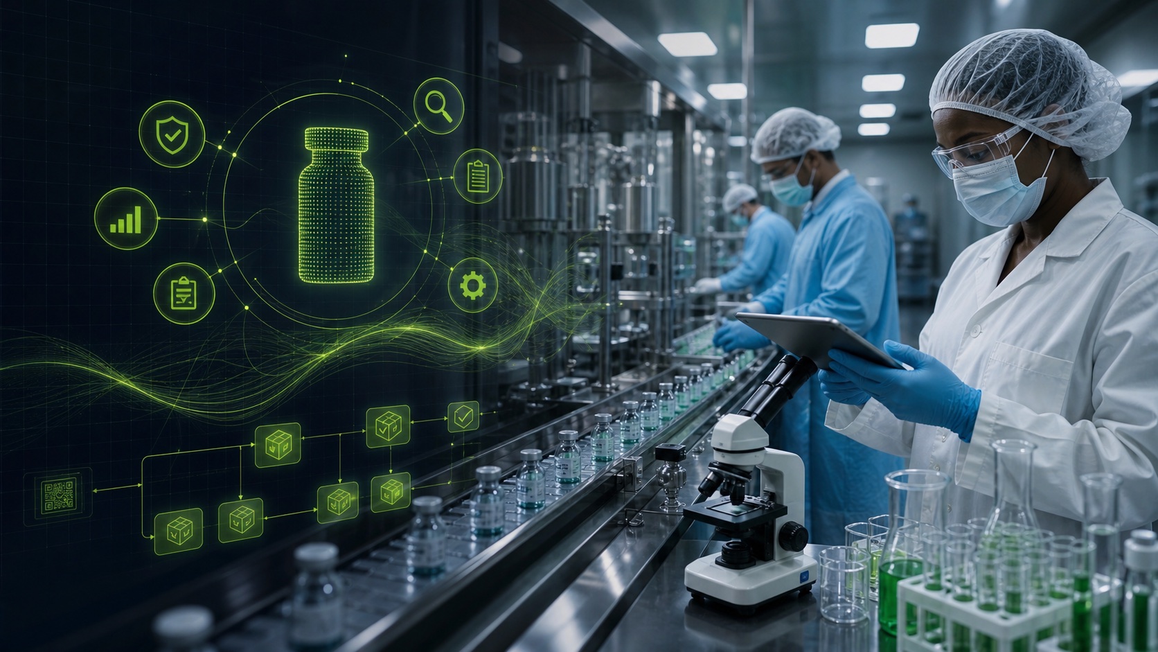 Pharmaceutical operations team reviewing compliant production data