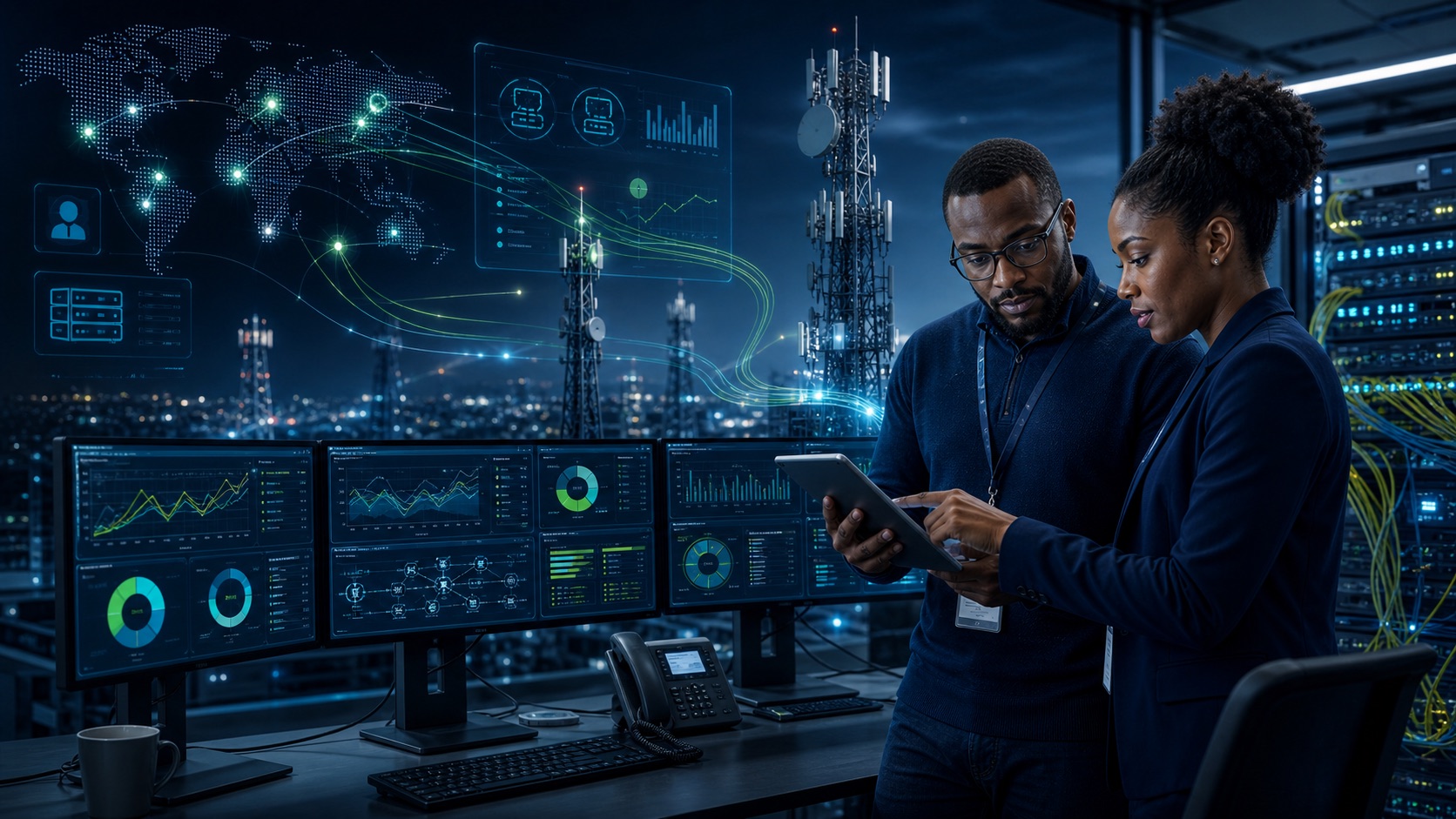 Telecommunications service team tracking connected operations